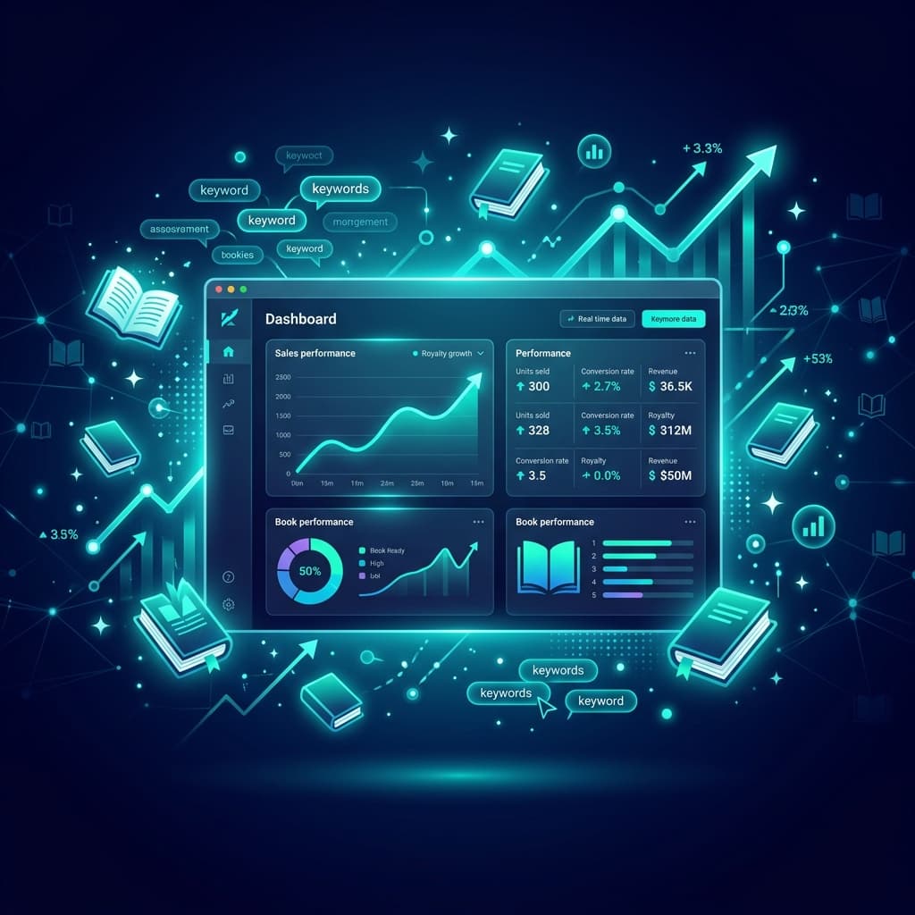 KDP Launch Pilot dashboard con métricas de ventas, keywords y portfolio de libros